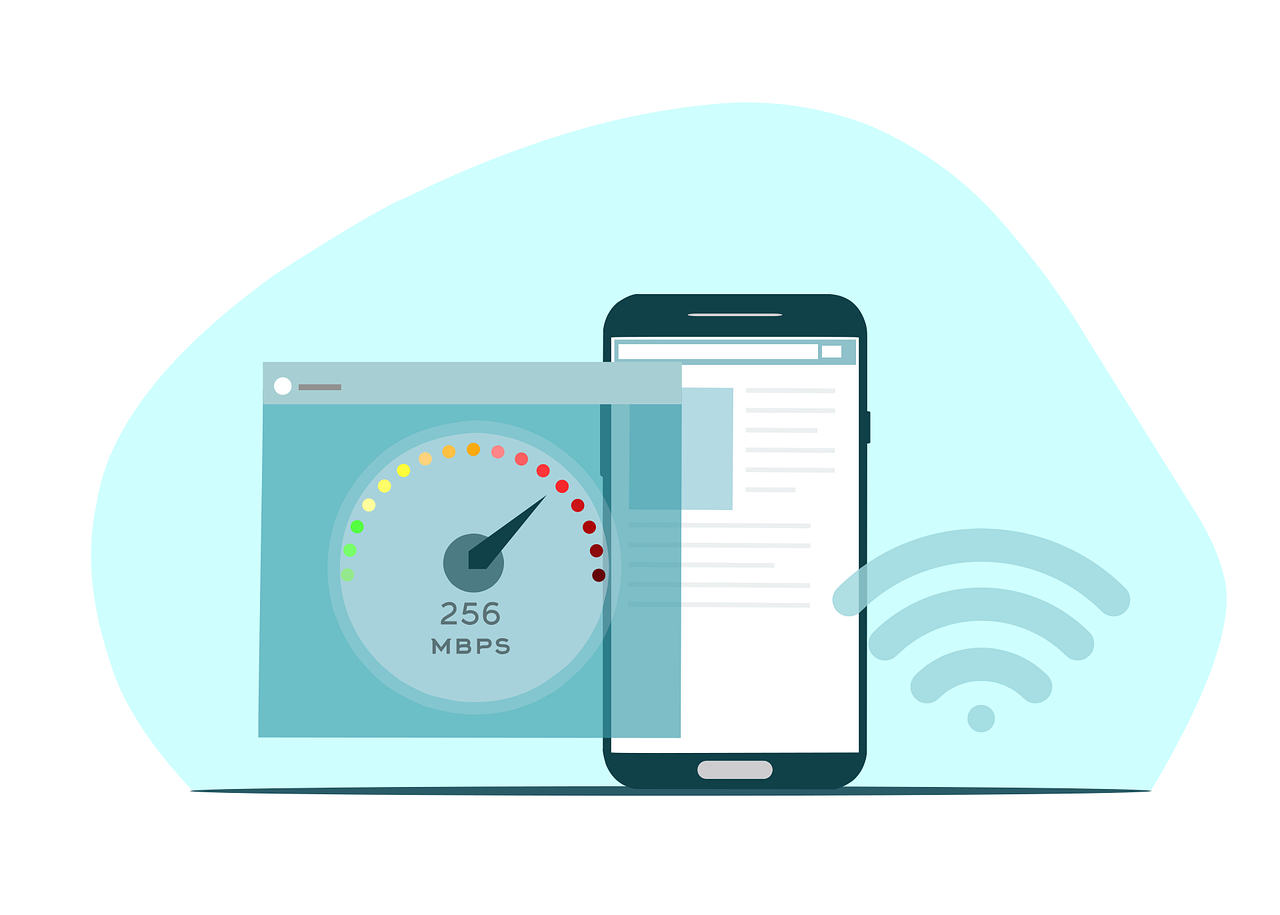Mobile speed optimisation, showing high download speed with a mobile phone.