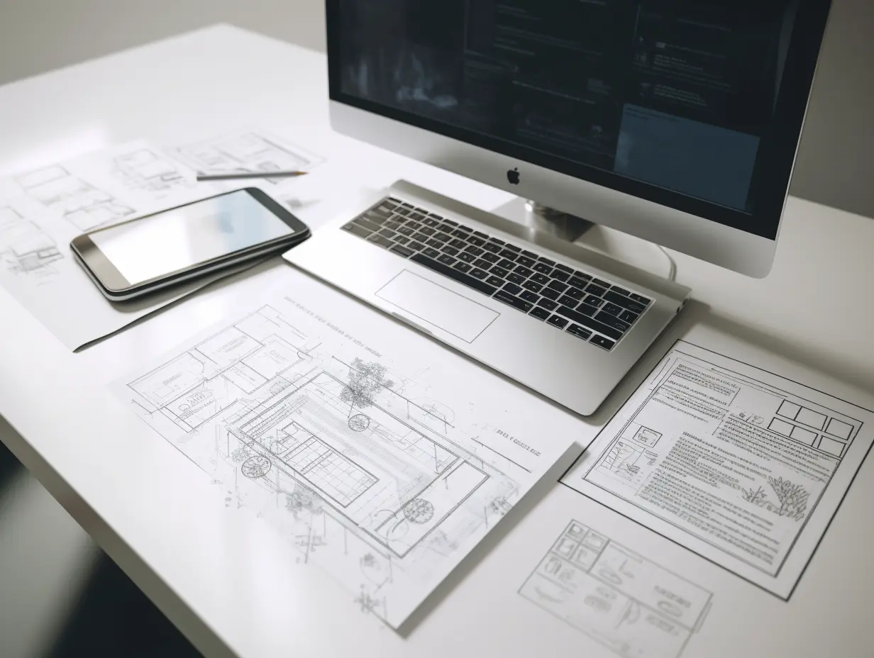 iMac PC during website development work, with paperwork plans on the desk