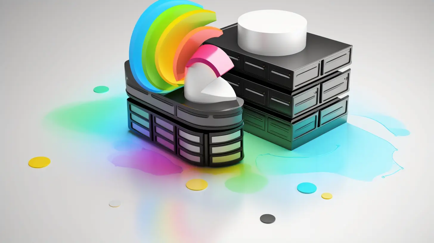 Animated cartoon style computer servers with a rainbow coming out of them.