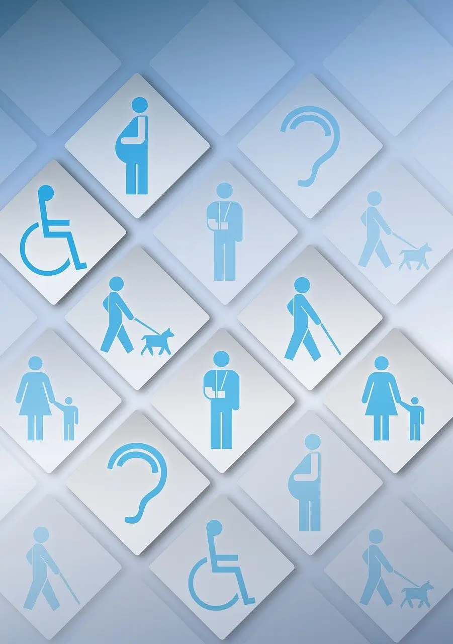 Mix of icons with symbols such as a person on a wheelchair or with a walking stick.